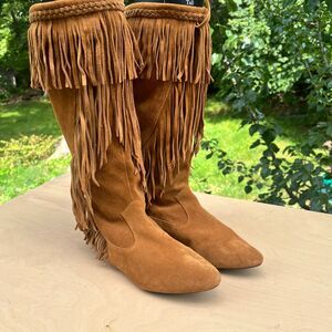 Sam Edelman LNC Utah Tall Fringe Boots Moccasin Chestnut Western Rodeo Size 10
